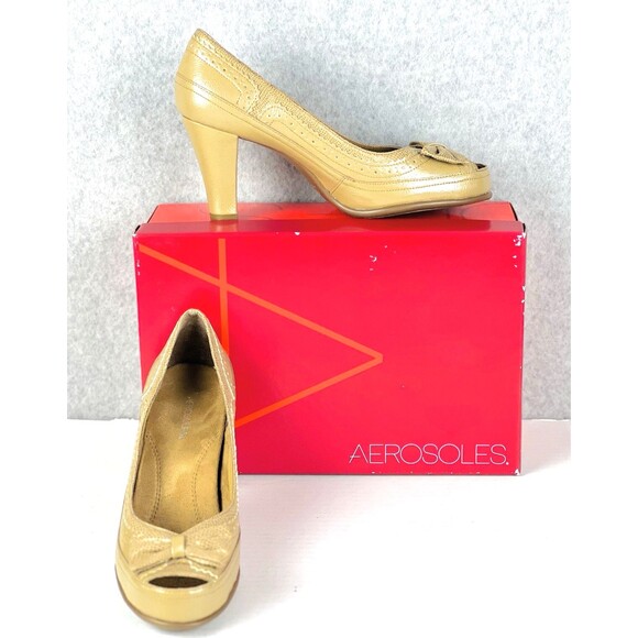 Aerosoles Bentwood Shoes Womens 8.5M Tan Lizard Bowtie Open Toe Heels Workwear - Picture 2 of 12